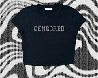 Top corto con pedrería censurada, camiseta estilo Y2K para bebé, camiseta gráfica personalizada, camiseta estilo Bimbo Core de los 2000, top corto cyberpunk