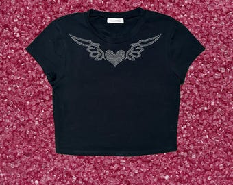 Heart with wings rhinstone crop top | y2k crop top | cyberpunk Y2K shirt | Rave crop top