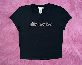 Maneater Rhinestone Crop Top | Goth Y2K Baby Tee | Vintage-Inspired Bling T-Shirt