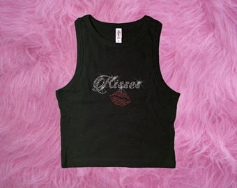 Kisses Y2k Cropped Rhinestone Tank Tee Tank Top - Etsy