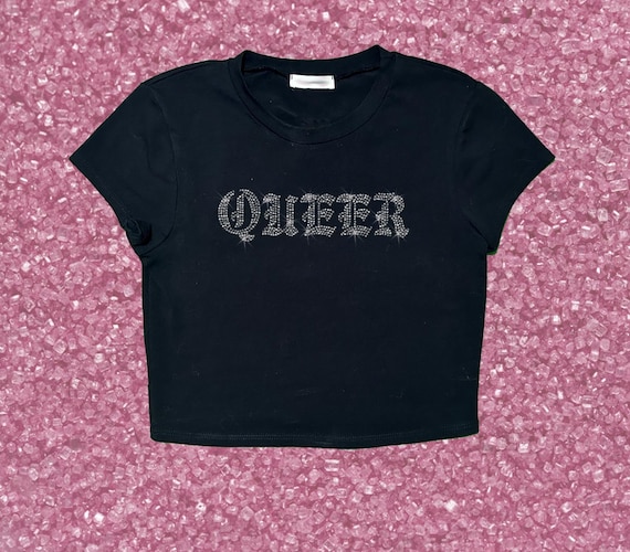 QUEER Rhinestone Crop Top | Pride Month Festival Outfit | Sparkly Y2K Bedazzled Baby Tee | Rainbow Pride Parade Shirt | LGBTQ Graphic shirt