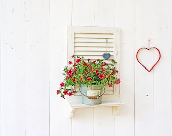 wood shutter with shelf | wall decor wood | wall decor | plants display | wall mounted shutter | balcony decor | boho wall art