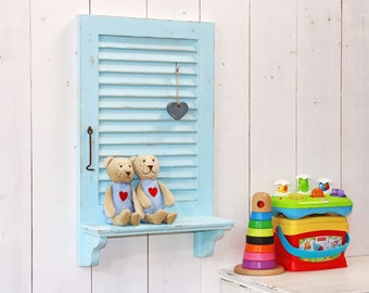 wood shutter with shelf | bright wall art | wall decor | beach house decor | wall mounted shutter | kids room decor |