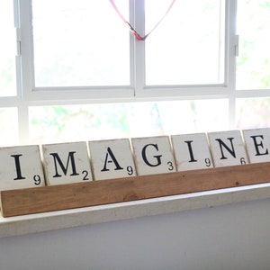 imagine scrabble style | scrabble rack and tiles |  | living room decor | imagine wood sign |