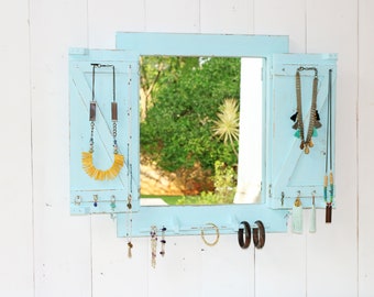 jewelry display with mirror | necklace bracelet and earrings holder | jewelry storage and organization |