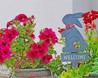letrero de madera de bienvenida / letrero de conejo / marcador de jardín al aire libre / decoración de jardín / decoración de balcón