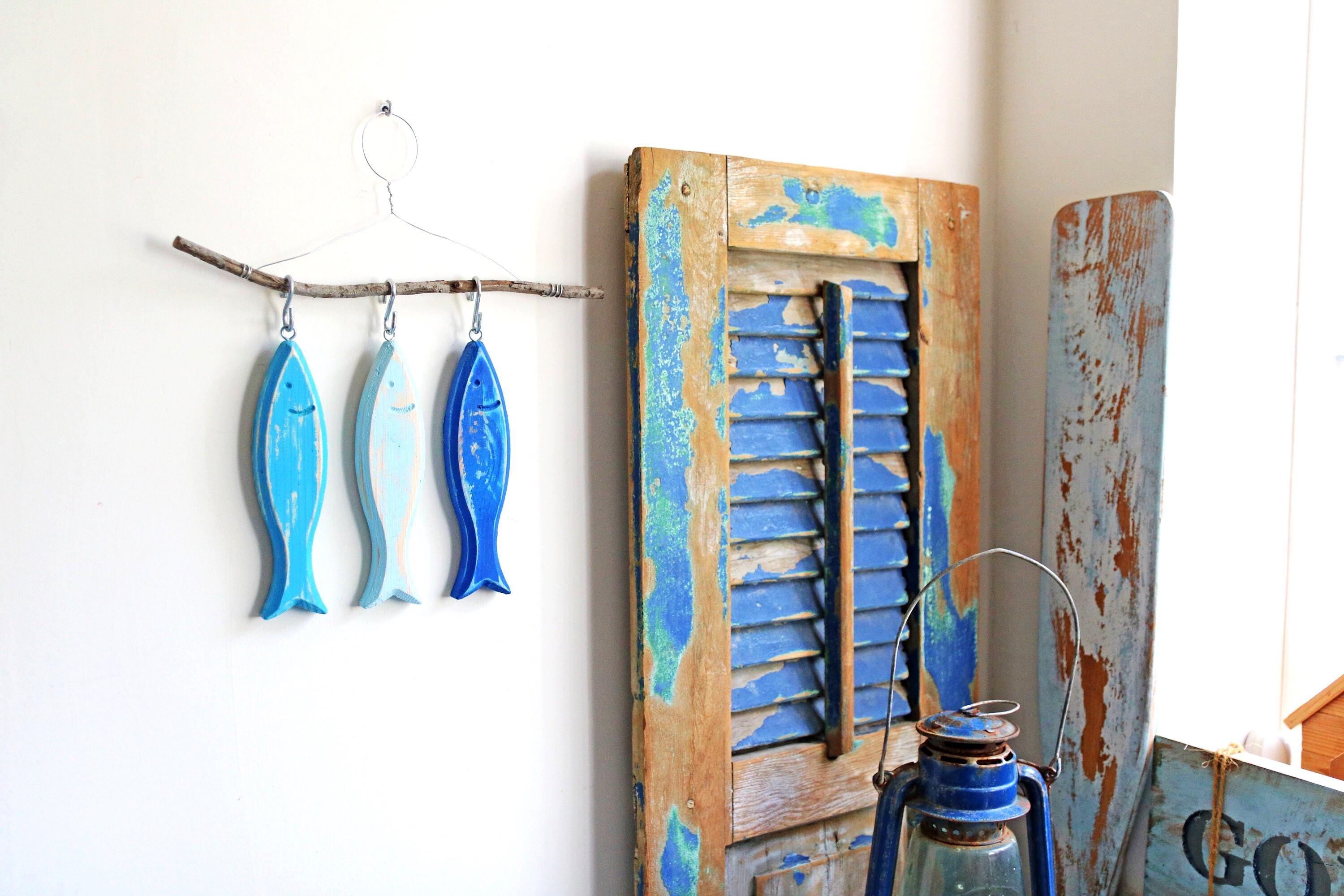 hanging distressed wooden fish | fisherman aesthetic | shabby chic sardines | marine chic decor | beach cottage decor| coastal style decor |