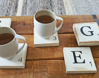 alphabet coasters | personalized coasters | gift for the coffee lover mom | scrabble style coasters | Hebrew English coasters |