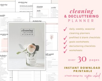 May include: A printable cleaning and decluttering planner with over 30 pages. The planner includes daily, weekly, and seasonal cleaning schedules, checklists, and worksheets. The cover features a pink flower in a glass jar with the text "cleaning + decluttering planner".