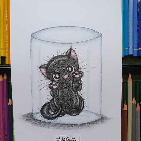 original Zeichnung süße schwarze Katze in Glasvase
