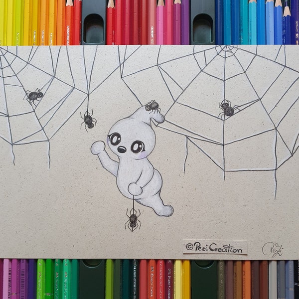 original Zeichnung niedlicher Geist mit Spinnen