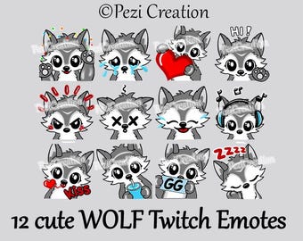 12 cute Wolf Twitch Emotes Pack