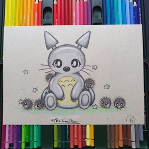 original Zeichnung Totoro mit Sootsprite Ghibli Fanart kawaii