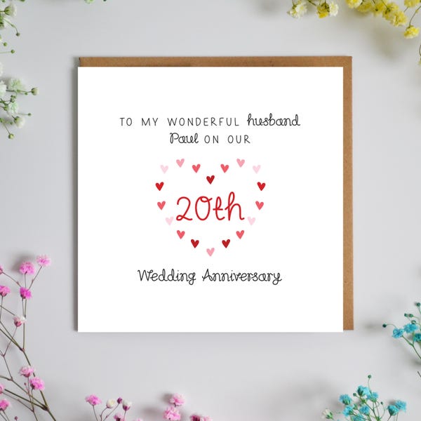 Personalised 20th Wedding Anniversary Card for Wonderful Husband, On Our 20th Anniversary, Twenty Years Married, China Anniversary Card