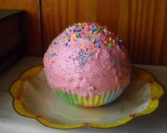 Fake Food Prop, Fake Cupcake Handmade Pink Frosting with Rainbow Sprinkles, Kitchen Decor Food Display, Large Faux Cupcake, Birthday Gift