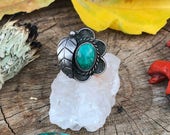 Sterling Vintage Navajo Flower Leaf Ring with Green Turquoise