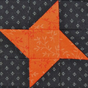 May include: A quilt block with a five-pointed star in orange with a white floral pattern on a black background with a white floral pattern.