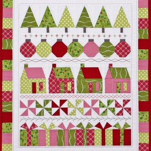 May include: A festive Christmas quilt featuring appliqued trees, ornaments, houses, pinwheels, and gifts. The quilt showcases a color palette of red, green, and white, with various patterns like polka dots and holly. The border is a patchwork design.