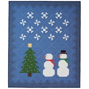 May include: A blue quilted fabric with a white snowflake pattern. Two white snowmen stand in front of a green Christmas tree. The snowmen are wearing black hats and red scarves.