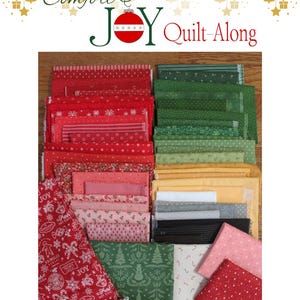 May include: A collection of Christmas-themed fabric squares in various shades of red, green, pink, and white. The fabrics feature festive patterns like snowflakes, candy canes, and Christmas trees. The image includes the text "Comfort & JOY Quilt-Along".