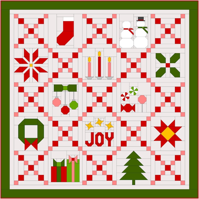 May include: A Christmas-themed quilt with a white background and a green border. The quilt features various holiday-related images, including a stocking, snowman, candles, ornaments, wreath, gifts, a Christmas tree, and the word "JOY". The images are in red, green, pink, and yellow.