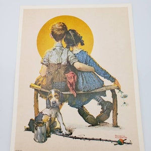 Norman Rockwell Puppy Love Boy and Girl Gazing at the Moon 1972 Curtis Publishing Company, Donald Art Co. NYC Lithograph 7.5 x 9.5 image 1