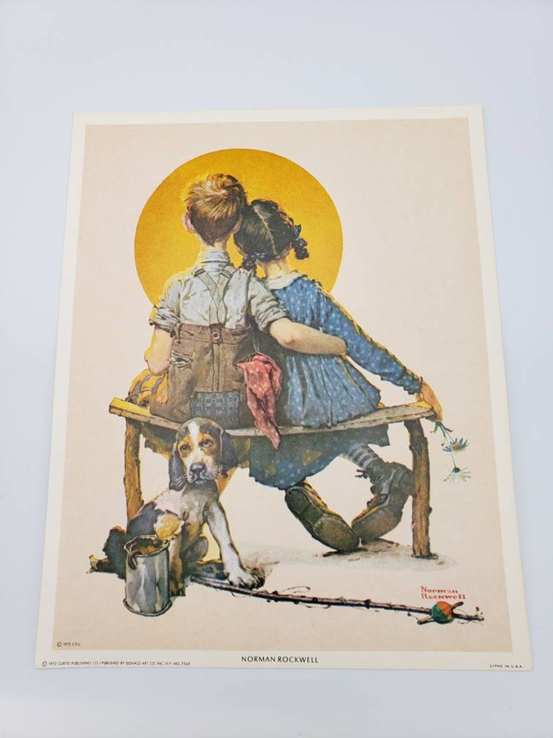 Norman Rockwell Puppy Love Boy and Girl Gazing at the Moon 1972 Curtis Publishing Company, Donald Art Co. NYC Lithograph 7.5 x 9.5 image 1