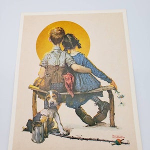 Norman Rockwell Puppy Love Boy and Girl Gazing at the Moon 1972 Curtis Publishing Company, Donald Art Co. NYC Lithograph 7.5 x 9.5 image 4