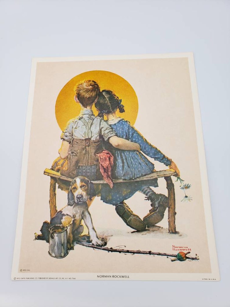 Norman Rockwell Puppy Love Boy and Girl Gazing at the Moon 1972 Curtis Publishing Company, Donald Art Co. NYC Lithograph 7.5 x 9.5 image 4