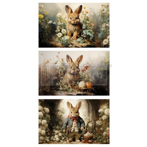 May include: Three watercolor paintings of rabbits in a garden setting. The top image shows a brown rabbit surrounded by flowers. The middle image shows a rabbit with eggs in a nest. The bottom image shows a rabbit dressed in clothing with a basket of eggs.