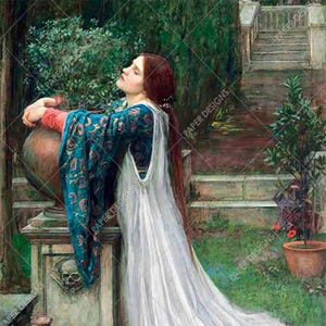 May include: An oil painting depicts a woman in a white dress and blue patterned sleeves, leaning on a large urn. The scene is set outdoors with a staircase and greenery in the background. The urn rests on a stone pedestal with a skull carving.