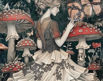 May include: An illustration of a woman in a cream-colored dress with black floral accents, surrounded by large red-capped mushrooms and butterflies. The woman is touching a butterfly on top of a mushroom, creating a whimsical, fairytale scene.