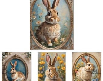 May include: A set of four framed art prints featuring watercolor paintings of rabbits. Each artwork depicts a rabbit in a floral setting, framed in an ornate oval. The rabbits have brown fur and long ears, with a soft, painterly style.