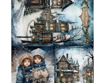 A4 Plus Decoupage Paper Blue Christmas Village || LaBlanche Rice Paper for Decoupage || Limited Edition