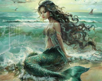 May include: An artistic depiction of a mermaid sitting on a sandy shore, with ocean waves gently lapping around her. The mermaid has long, flowing dark hair, a green scaled tail, and a delicate top. The background features a serene seascape with birds and a sailboat.