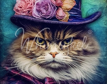 Sour Puss Decoupage Paper – Whimsykel Tissue for Furniture, Crafts, and DIY - 14x20 & 21x29 Large Printed Paper - Floral Cat with Tophat