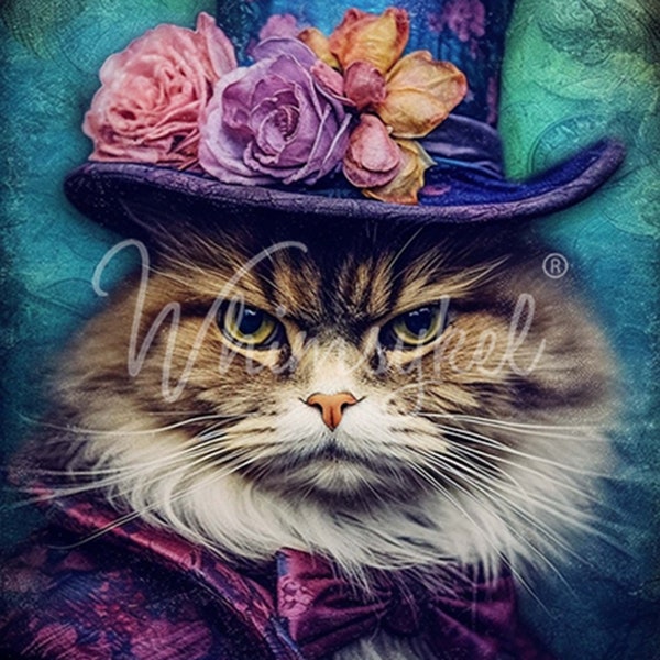 Papier de découpage pour meubles SOUR PUSS | Créations Whimsykel | Papier de soie de 18 livres pour découpage | Chat avec chapeau haut de forme | 21 x 29 pouces