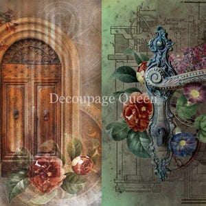 May include: A vintage-inspired collage featuring a wooden door with ornate details, a clock face, and a floral arrangement with red and pink flowers. The background is a faded green and brown with a blueprint-like pattern.