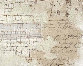 May include: A distressed, textured background with peeling white paint over a brown base. Faint script writing is visible across the surface, adding a vintage aesthetic. The overall effect is a weathered, aged look.
