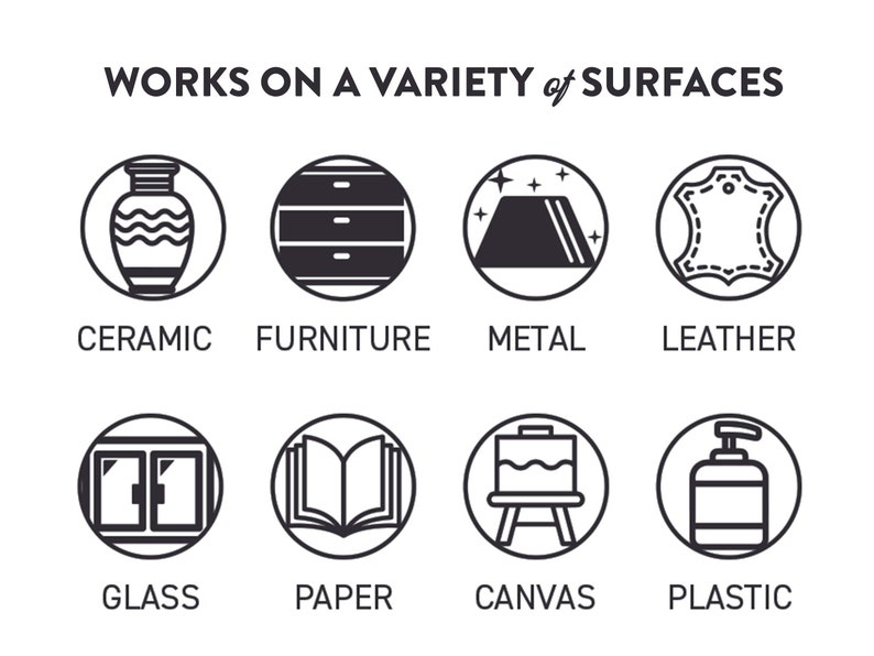 WORKS ON A VARIETY OF SURFACES
A picture of 8 small clip-art photos in circles each with labels underneath them that reads: Works on a variety of surfaces. Ceramic, furniture, metal, leather, glass, paper, canvas, plastic.