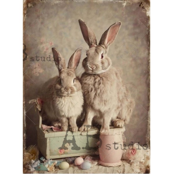 Decoupage Paper Easter Bunny Family Vintage Photo || AB Studio || A4 Rice Paper for Decoupage