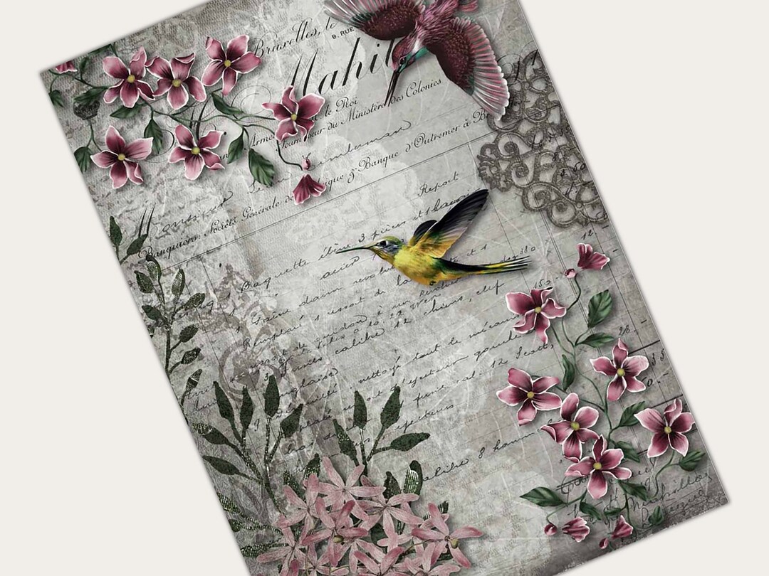 Decoupage Paper of Hummingbird and Pink Rose on Pink 20