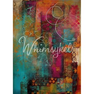 Tissue paper that features an abstract design of rectangles and circles in colorful pinks, oranges, and teals. White borders are on the sides.