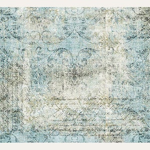 A3 rice decoupage paper of a faded light blue and cream colored fabric that has a worn damask scroll design and script writing. Soft white borders on the top and bottom.