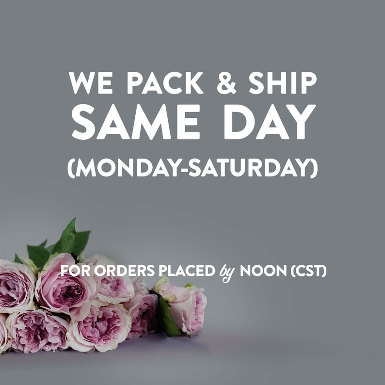 A gray background with a bouquet of roses. White text reading: We pack and ship same day (Monday-Saturday) For orders placed by noon (CST)