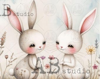 Easter Rice Paper for Decoupage | Sweet Bunny Pair (A4 Size)