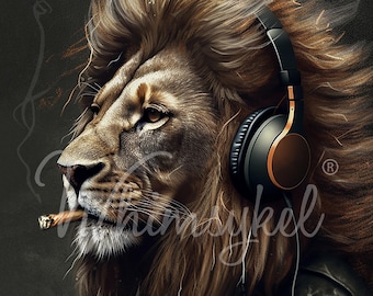 Leonardo Decoupage Paper for Furniture and Home Decor - Printed Tissue Paper Cool Lion with Headphones (14x20, 21x29)