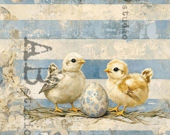May include: A vintage-style illustration features two fluffy chicks standing on a nest with a decorated egg. The background has blue and white stripes with floral accents, creating a rustic, springtime theme.