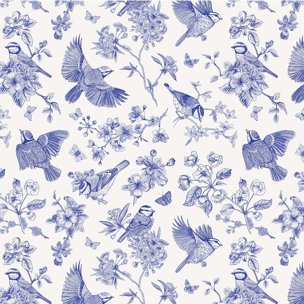 Decoupage Paper for Furniture BIRDS OF A FEATHER | Deborah Bucher Designs | 18 lb Tissue for Decoupage Blue Floral Flowers | 21 x 29 In