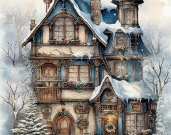 A4 Plus Decoupage Paper Blue Christmas House || LaBlanche Rice Paper for Decoupage || Snow Winter Cottage || Limited Edition